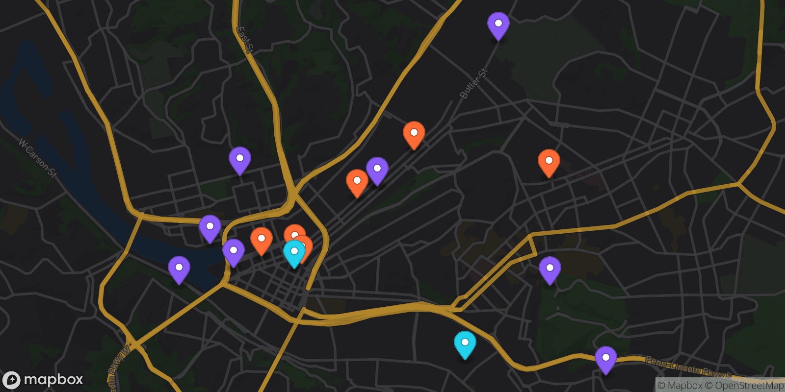 Map showing 17 locations