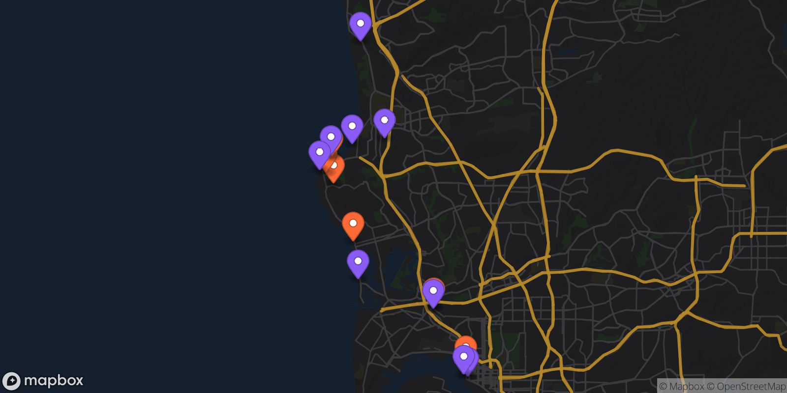 Map showing 15 locations