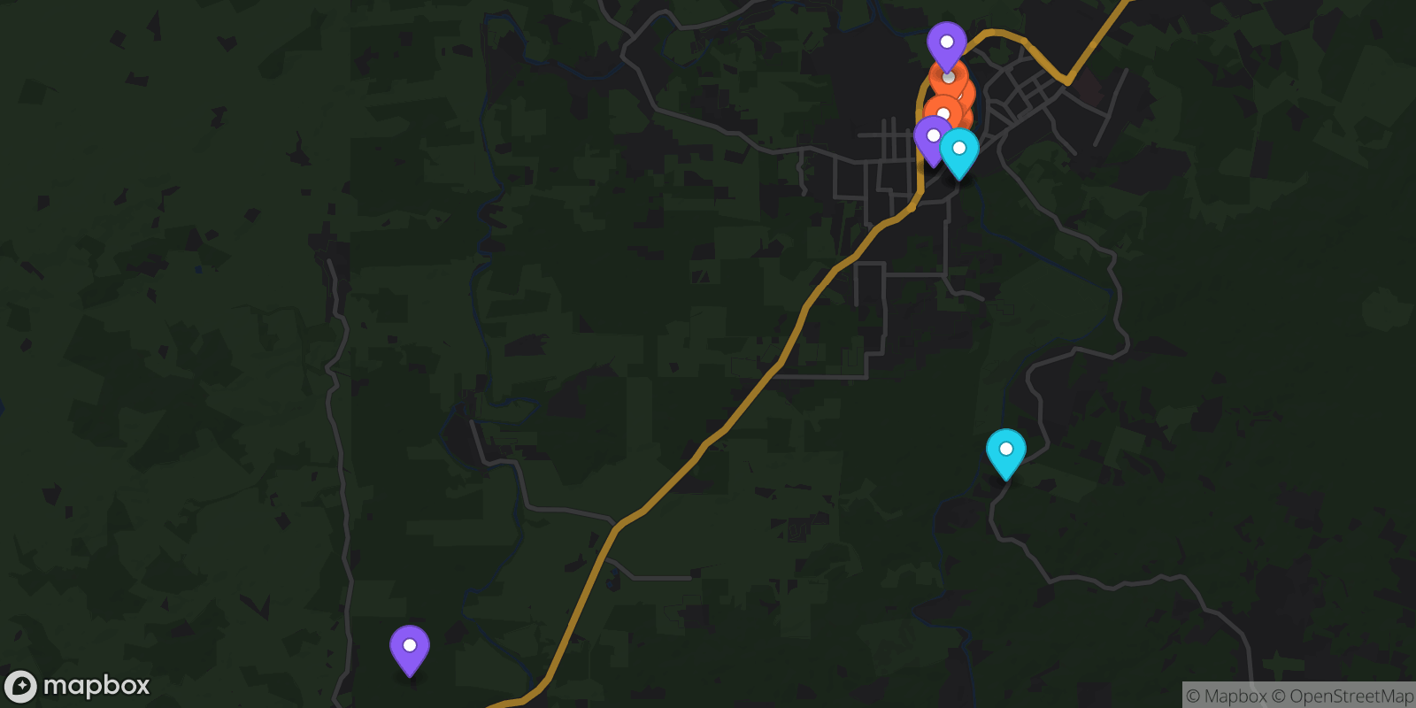 Map showing 13 locations