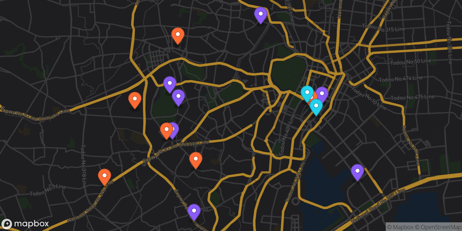 Map showing 15 locations