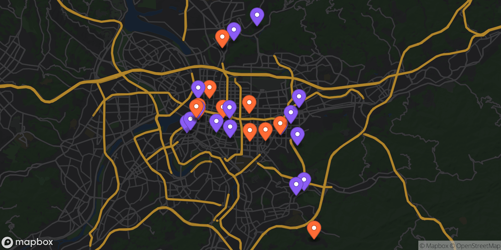 Map showing 28 locations