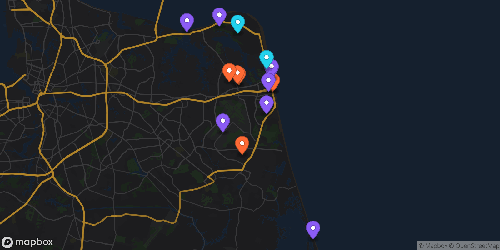 Map showing 16 locations