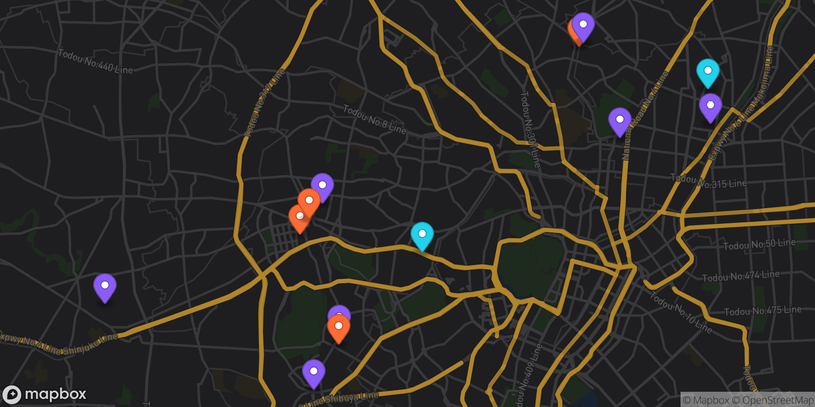 Map showing 13 locations