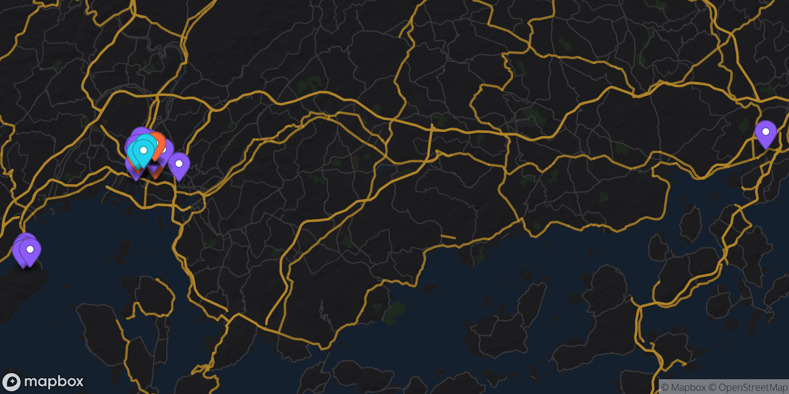 Map showing 43 locations