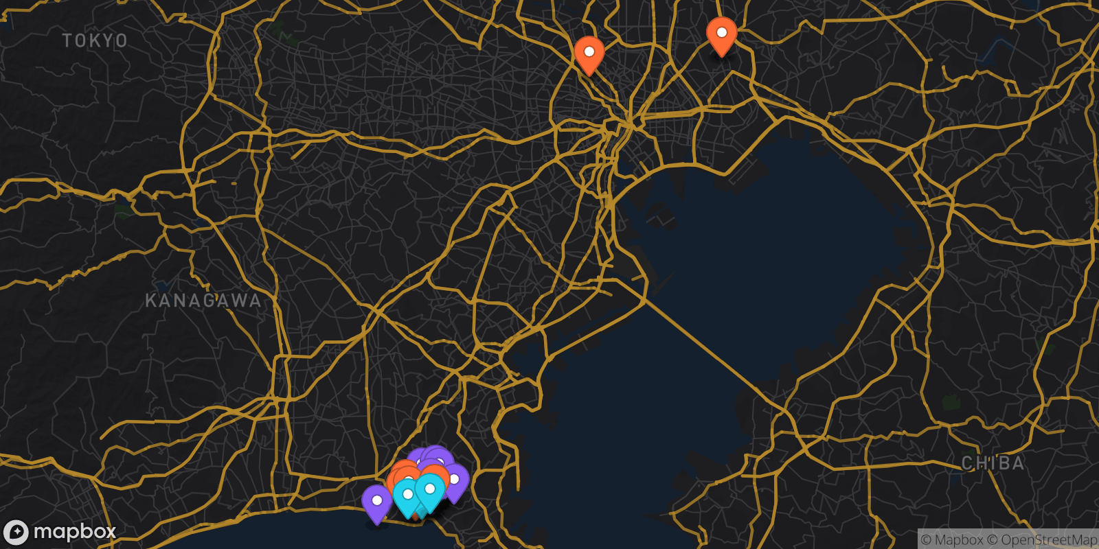 Map showing 43 locations