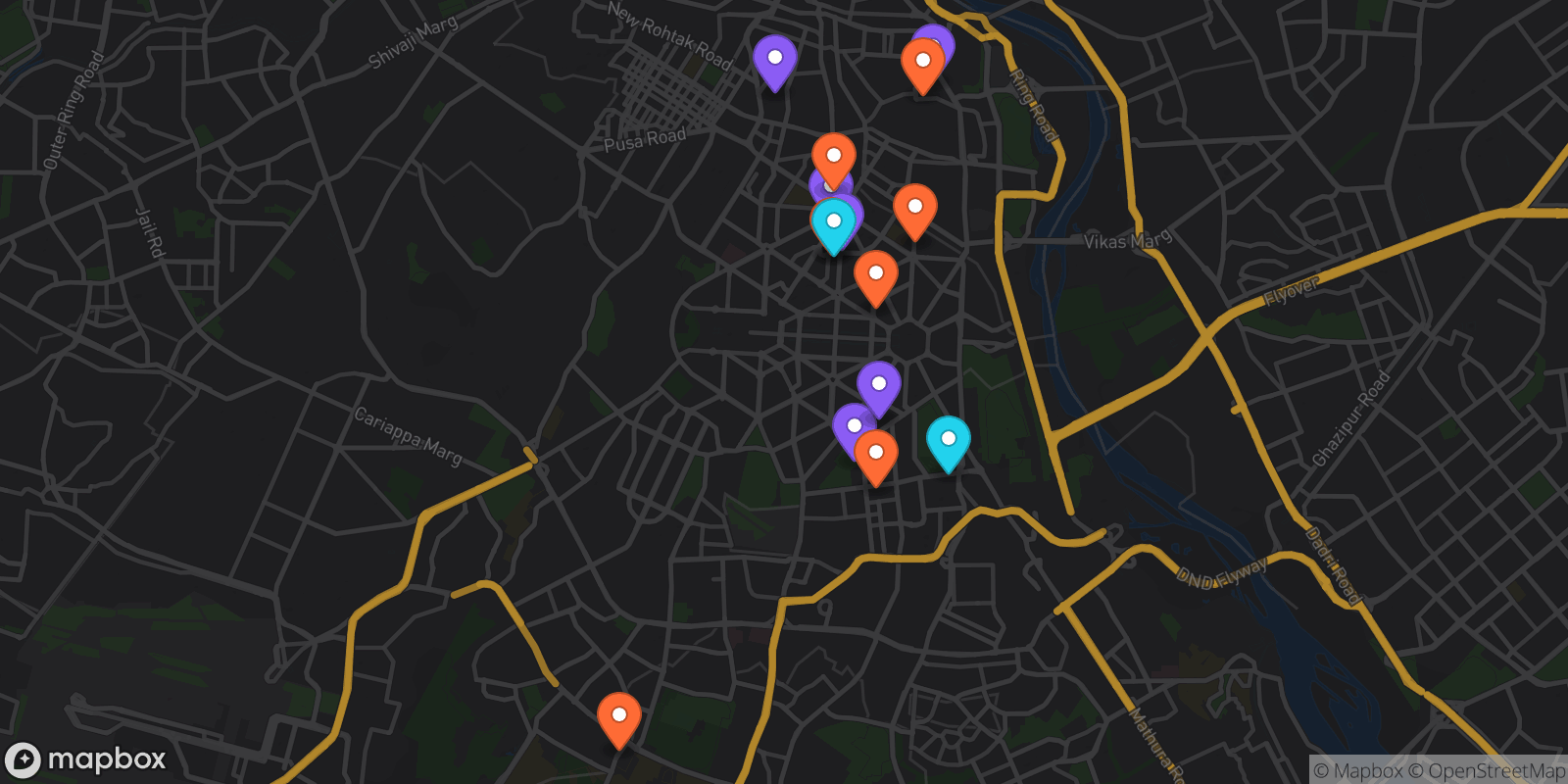 Map showing 15 locations