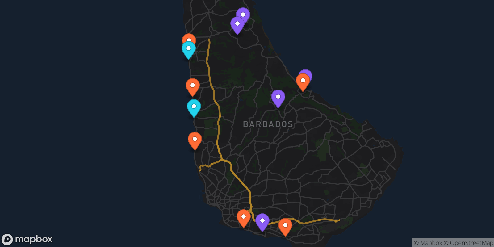 Map showing 13 locations