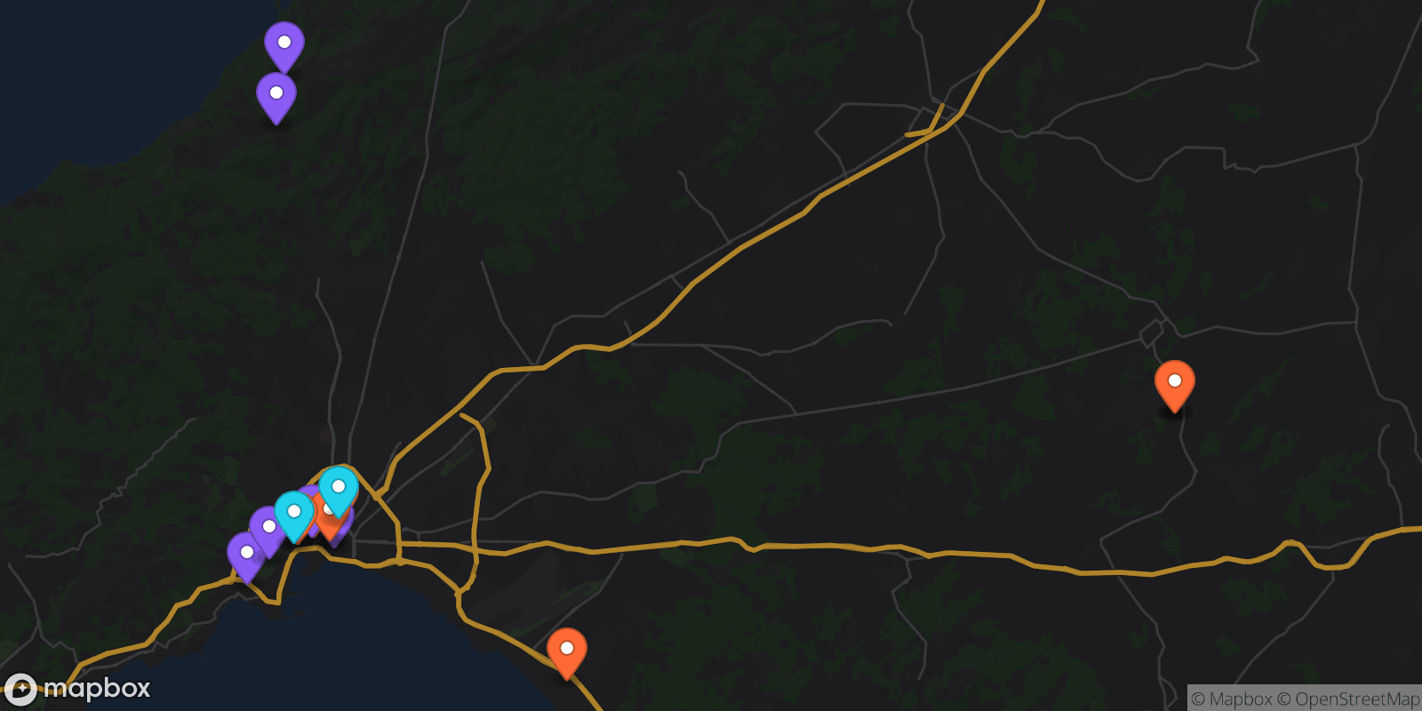 Map showing 16 locations