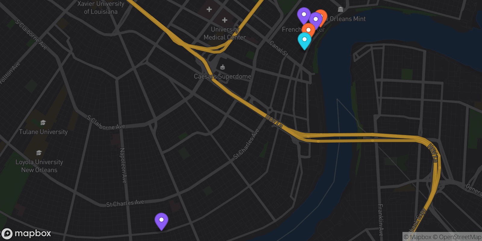 Map showing 6 locations