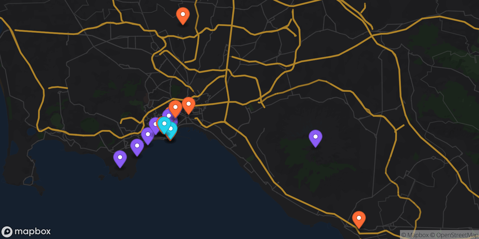 Map showing 21 locations