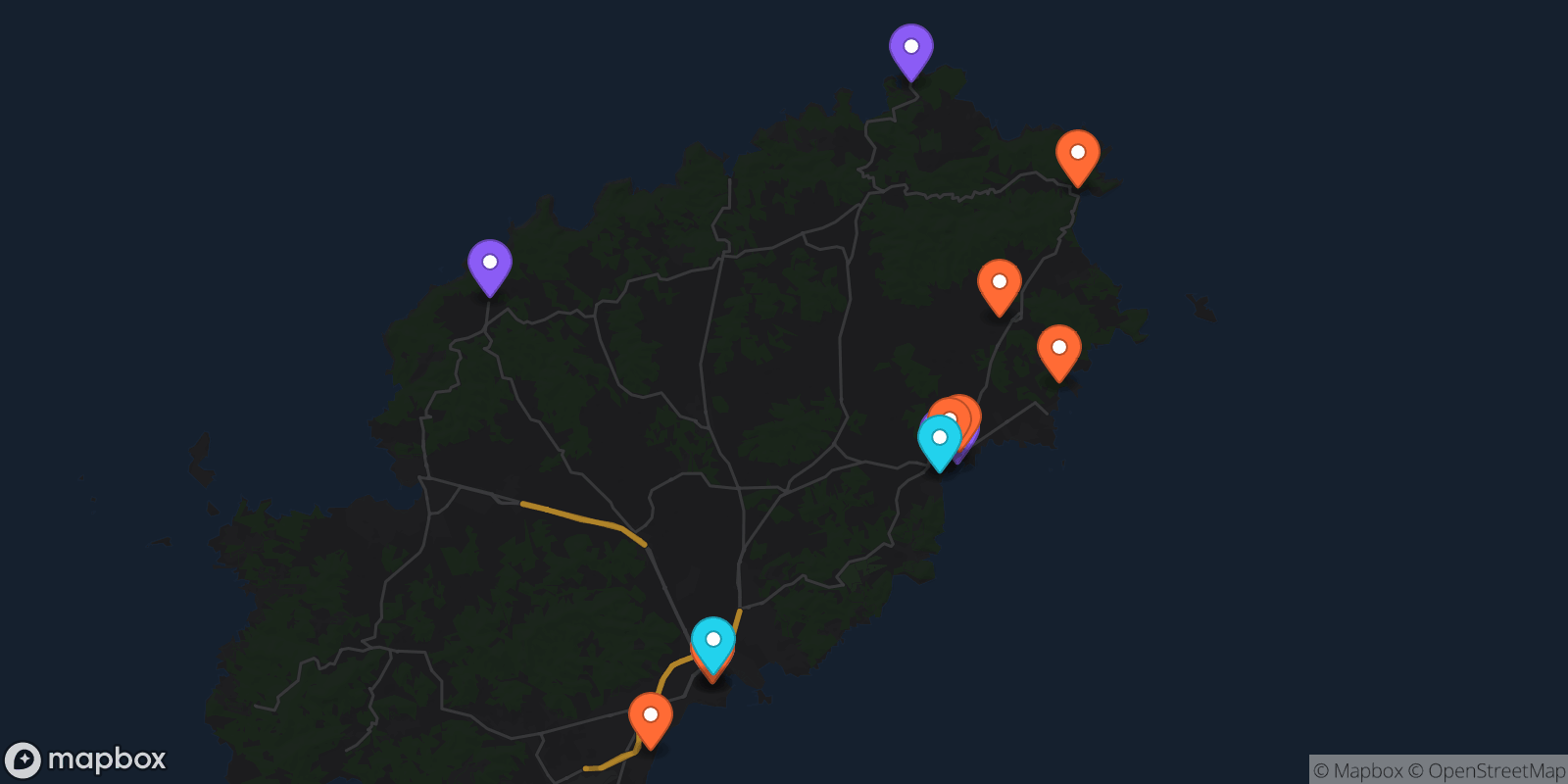 Map showing 14 locations