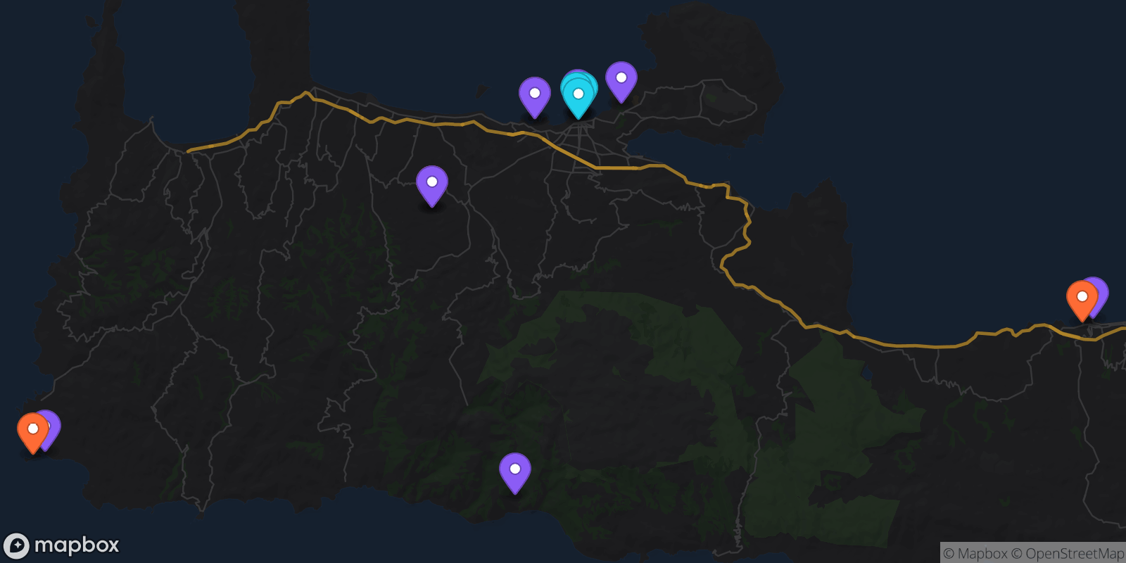 Map showing 16 locations