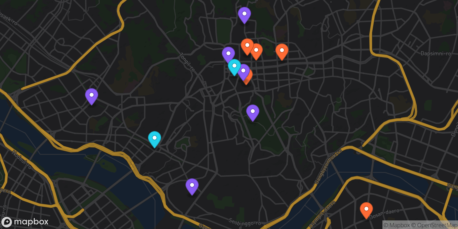 Map showing 13 locations