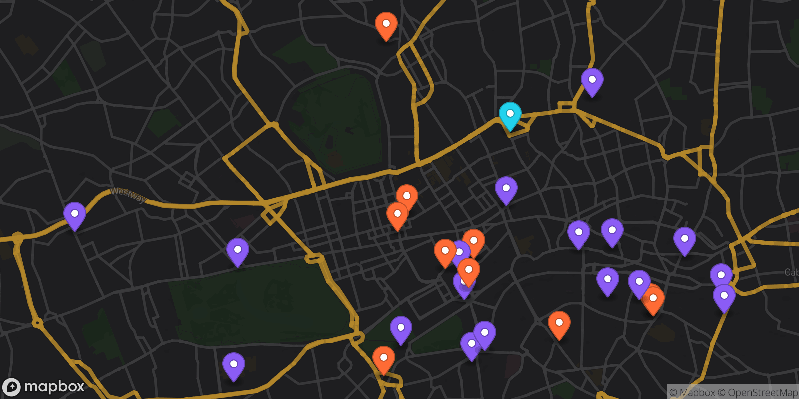 Map showing 28 locations
