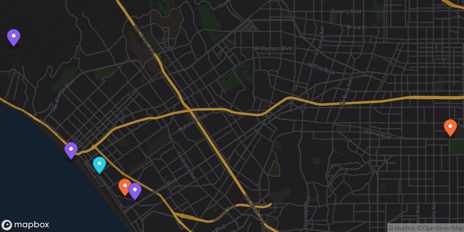 Map showing 6 locations