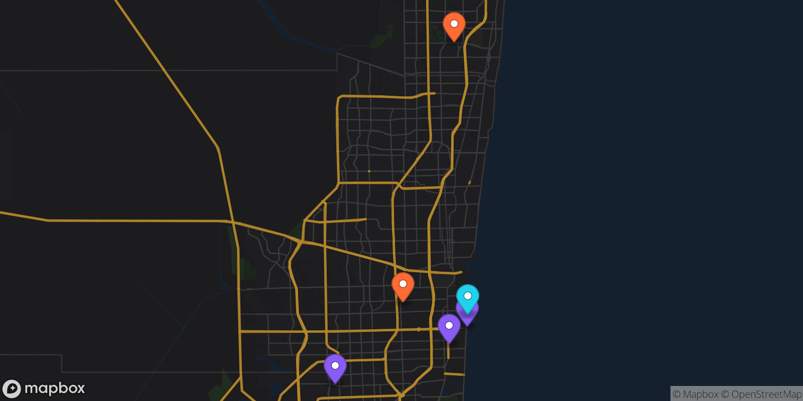 Map showing 6 locations