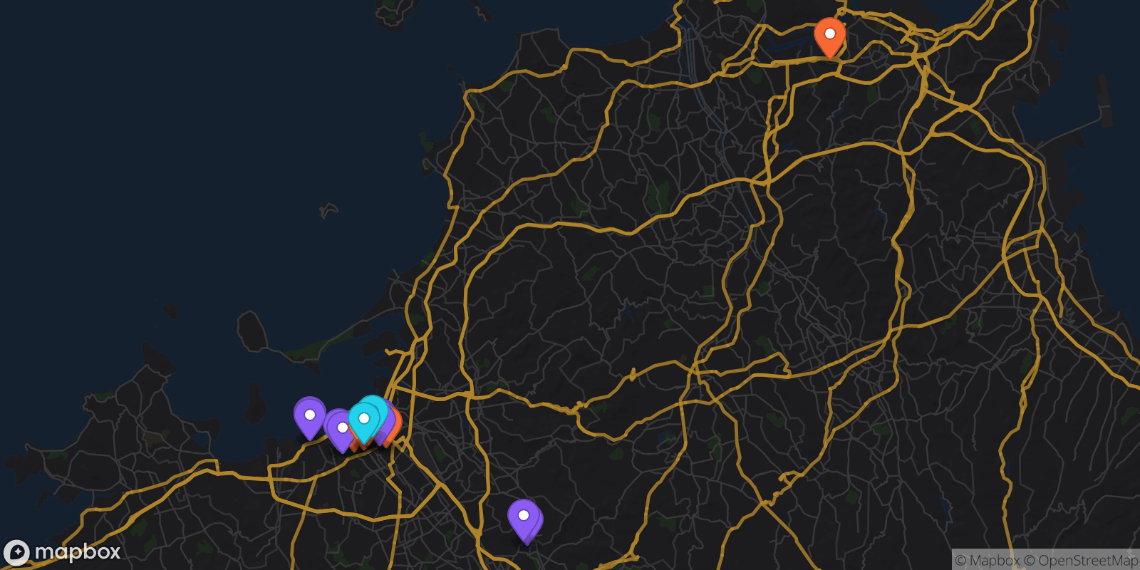 Map showing 18 locations
