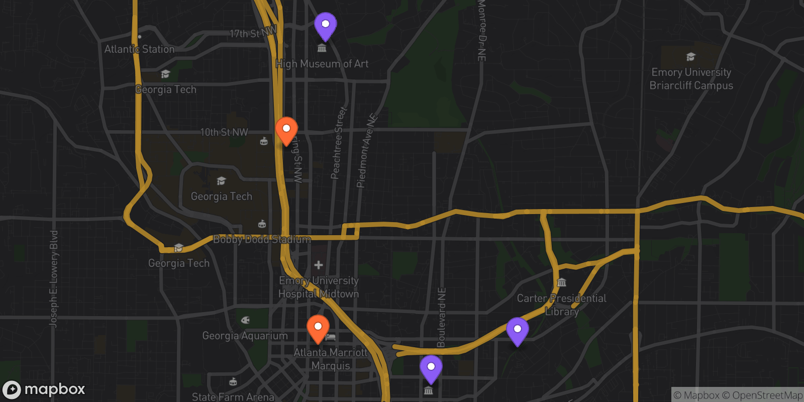 Map showing 5 locations