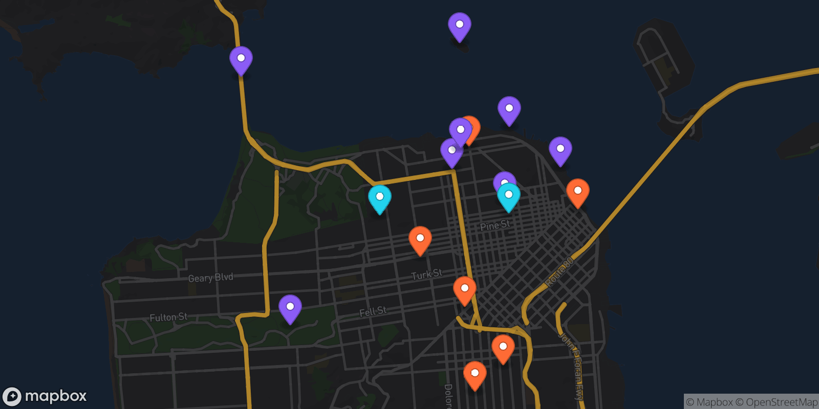 Map showing 16 locations