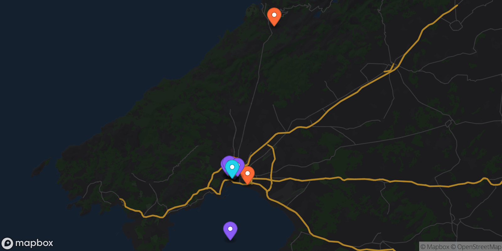 Map showing 14 locations