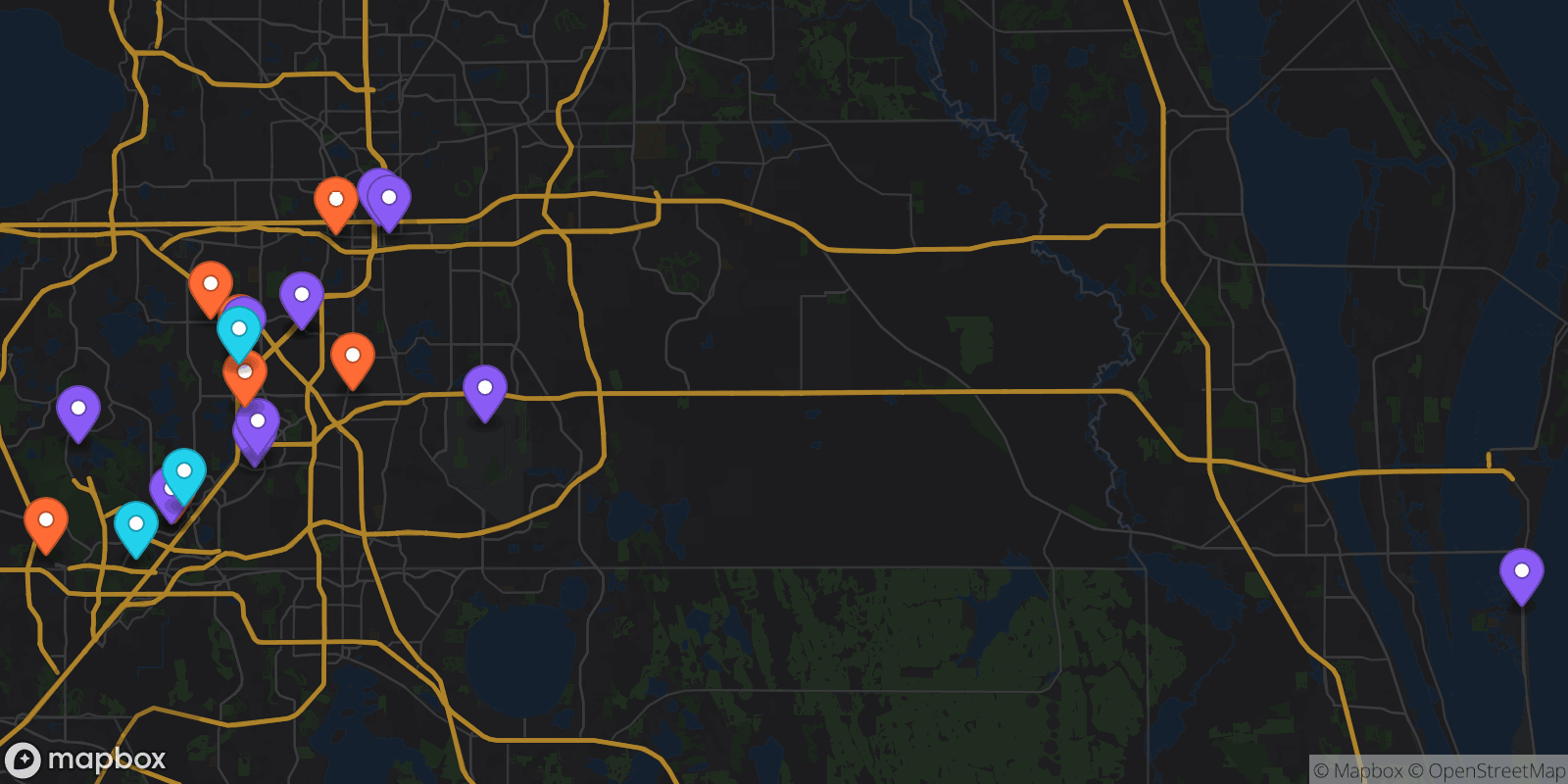 Map showing 21 locations