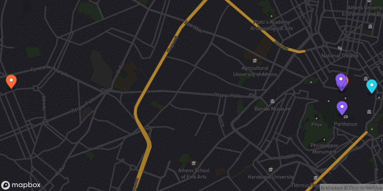 Map showing 6 locations