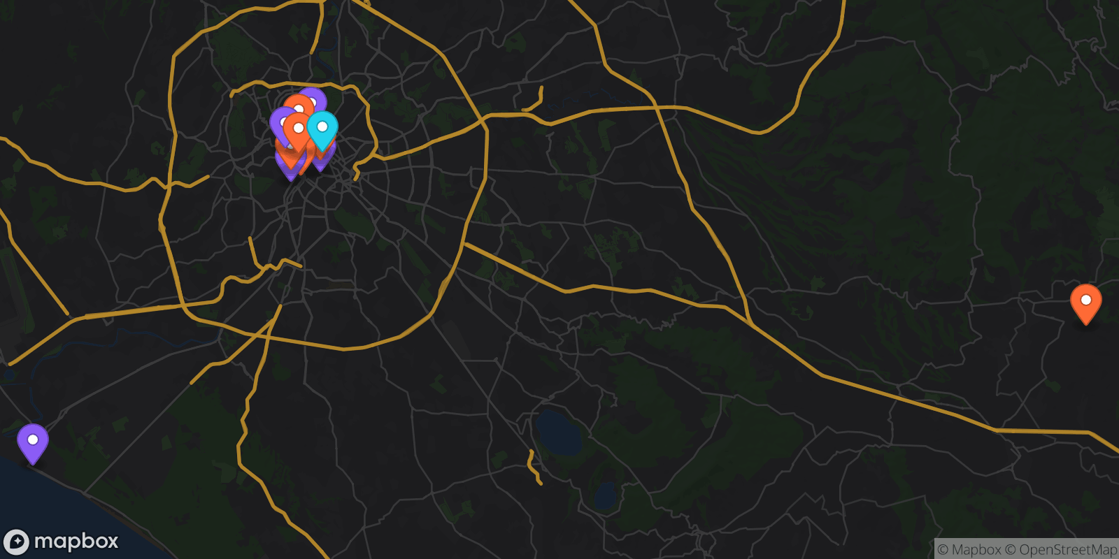 Map showing 13 locations