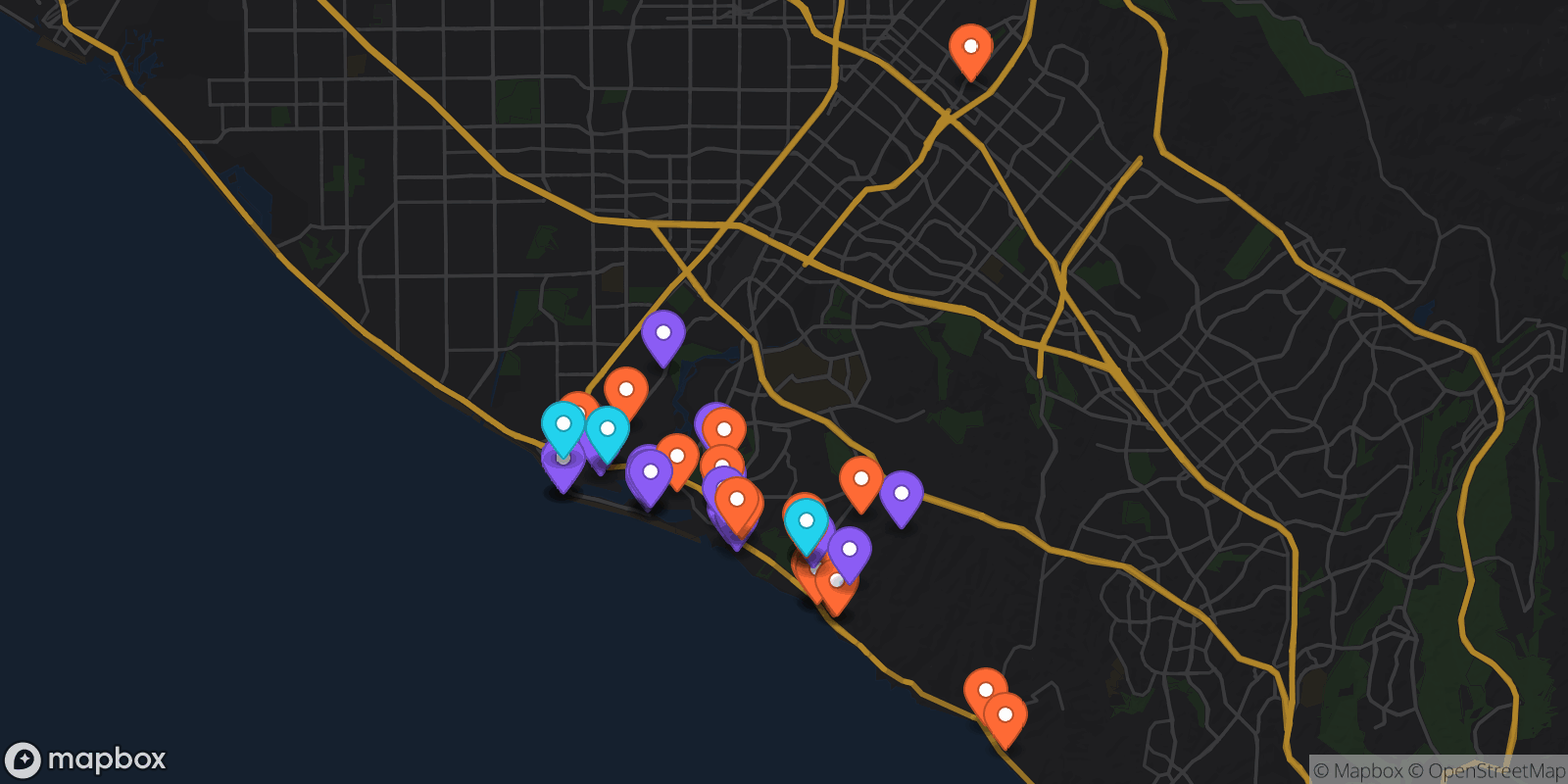 Map showing 43 locations