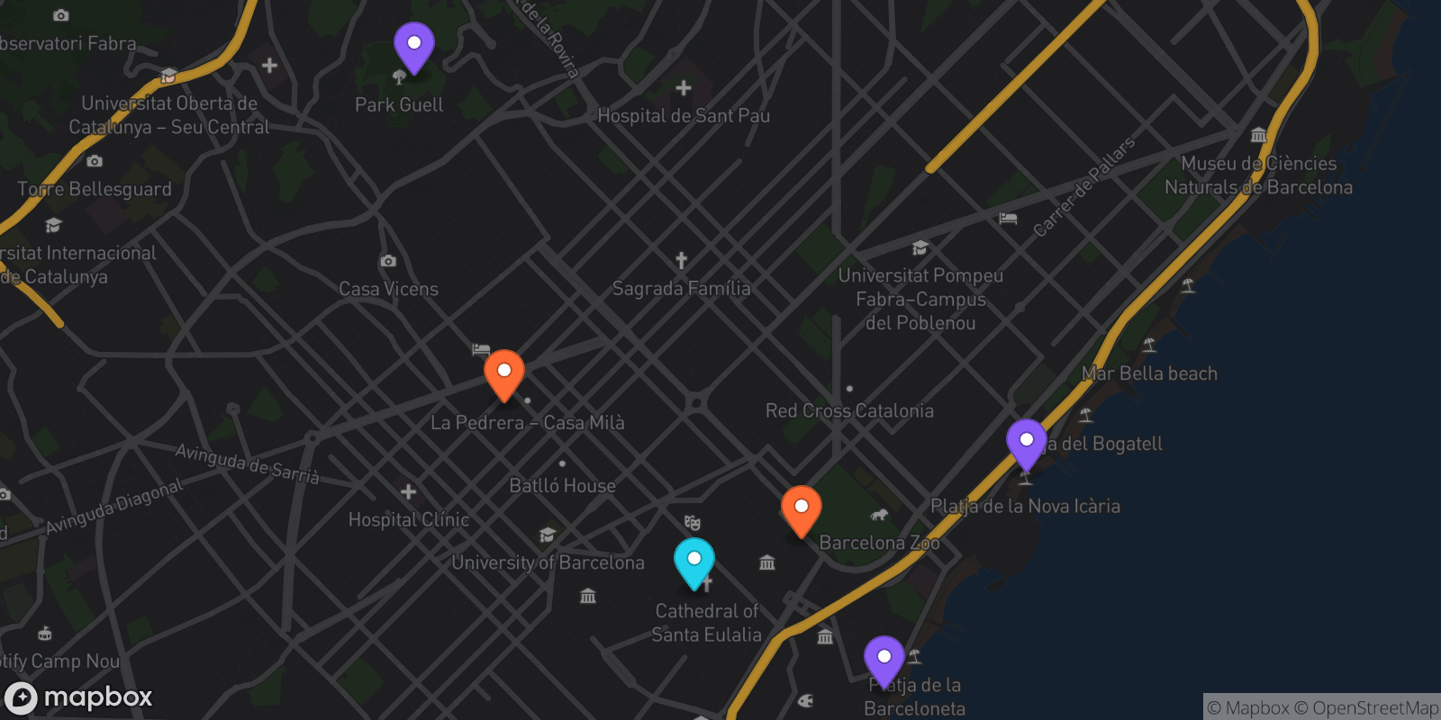 Map showing 6 locations