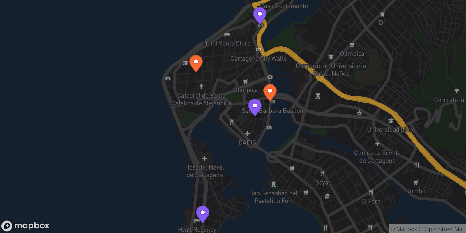 Map showing 5 locations