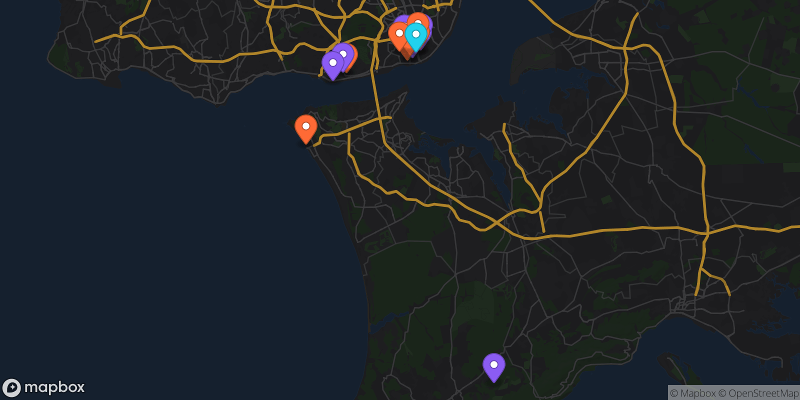 Map showing 16 locations