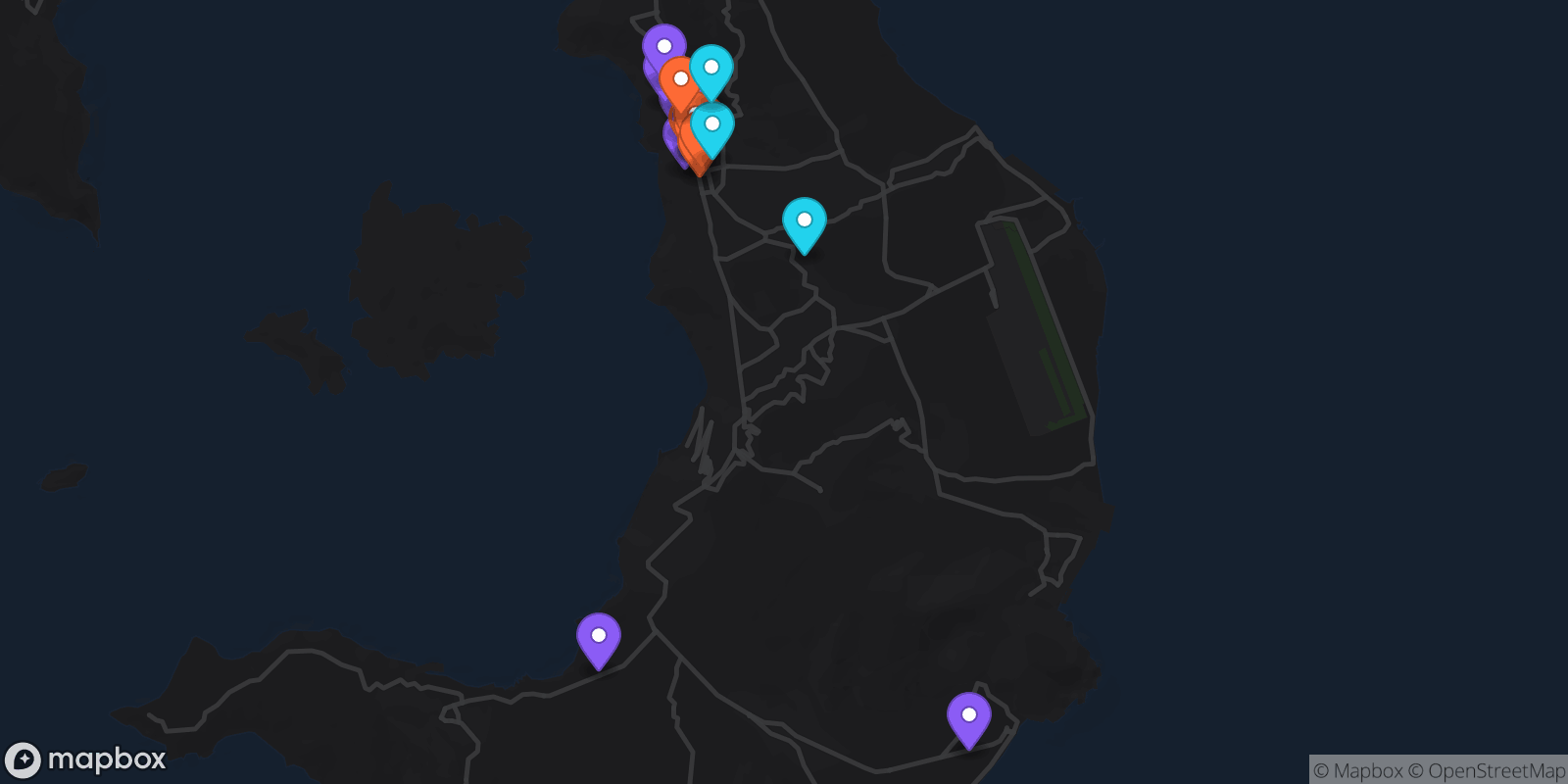 Map showing 21 locations