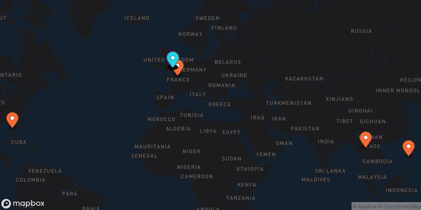 Map showing 43 locations
