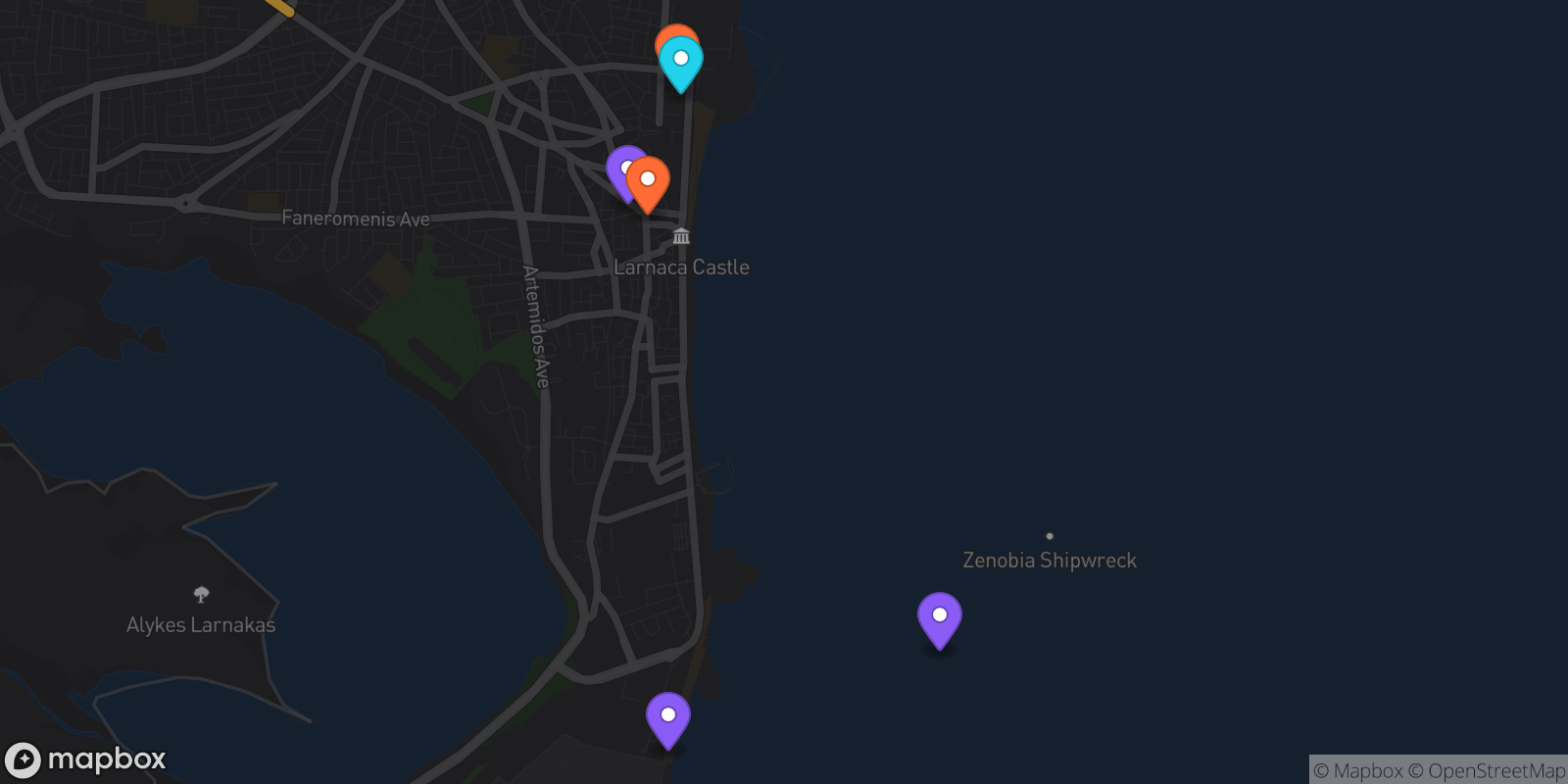 Map showing 6 locations