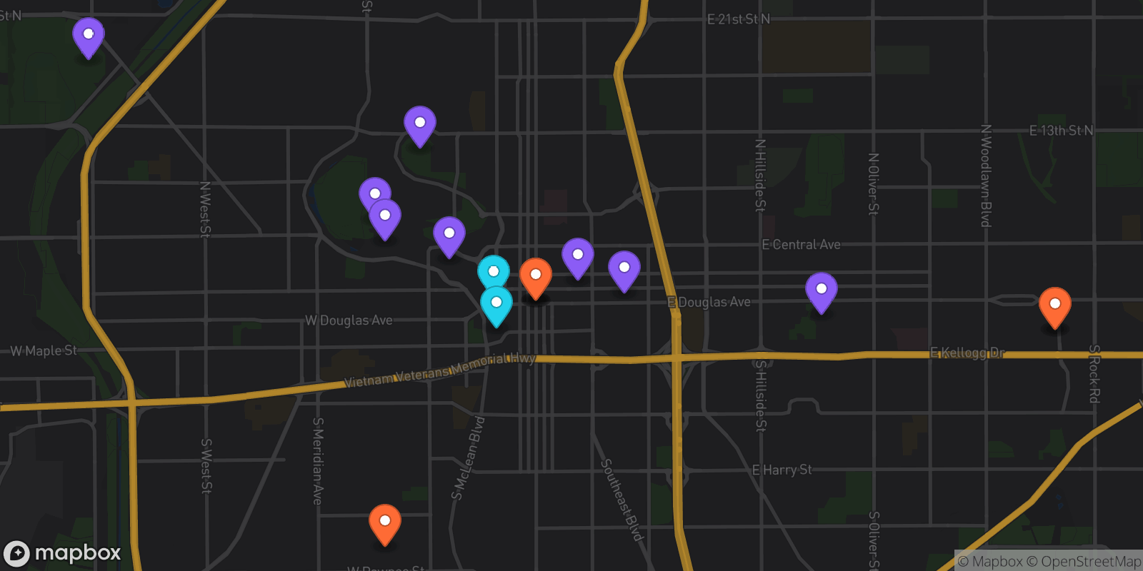Map showing 17 locations