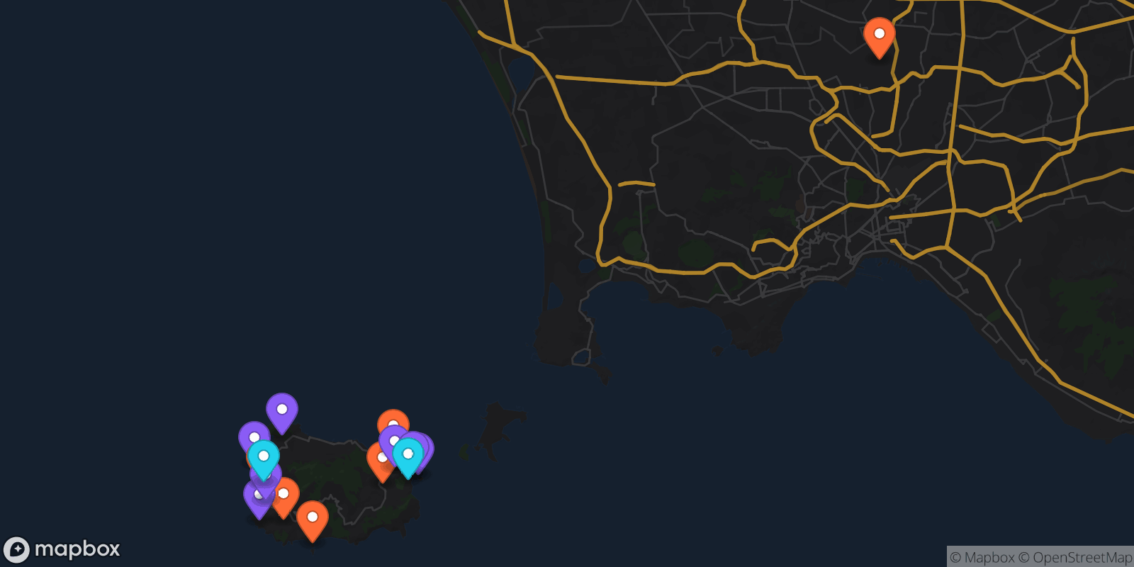 Map showing 16 locations