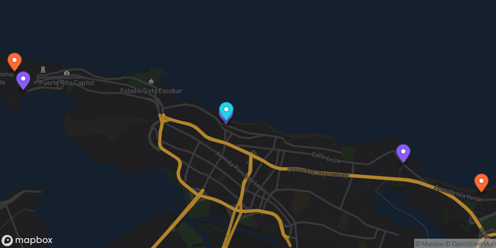 Map showing 6 locations