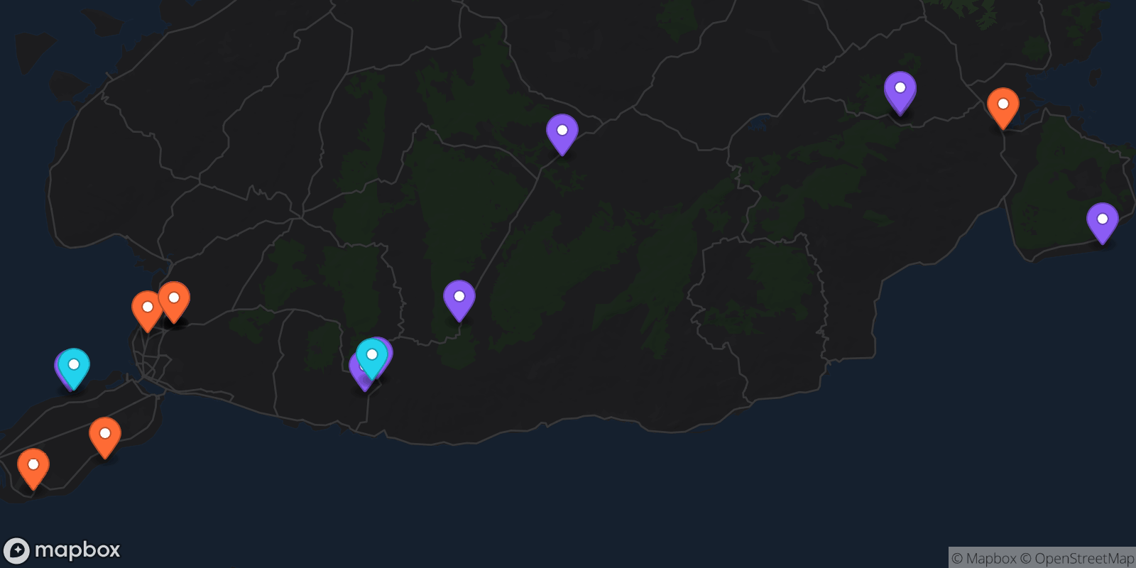 Map showing 19 locations