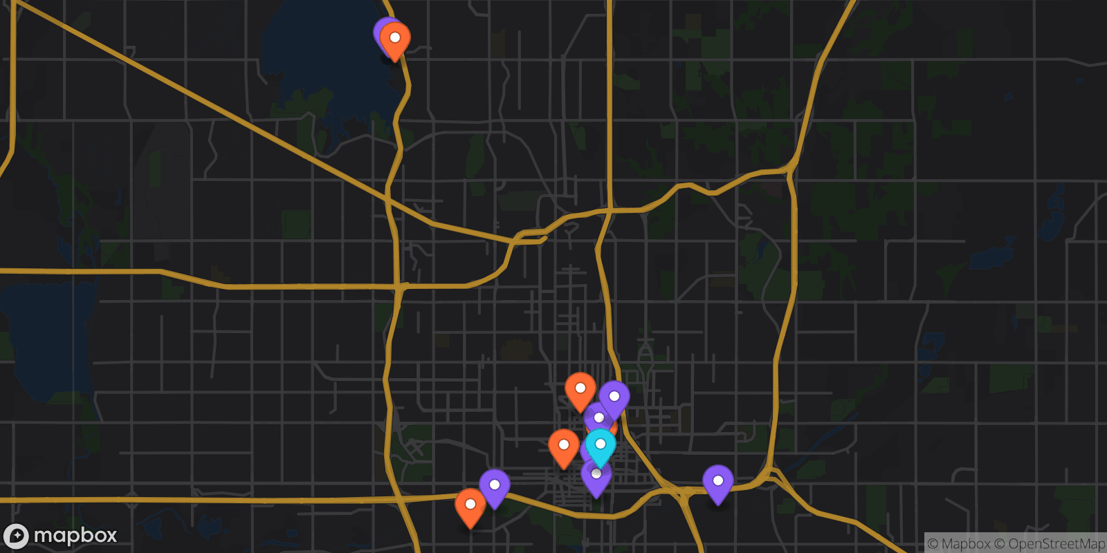 Map showing 13 locations