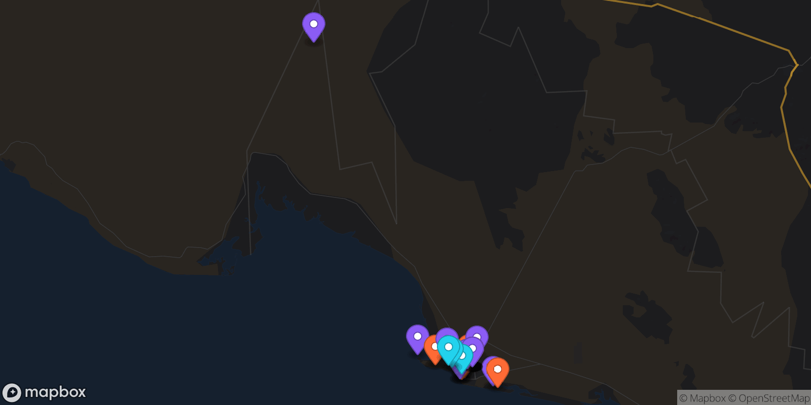 Map showing 43 locations