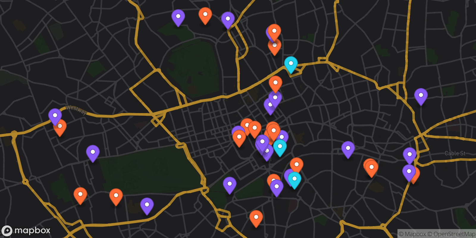 Map showing 43 locations