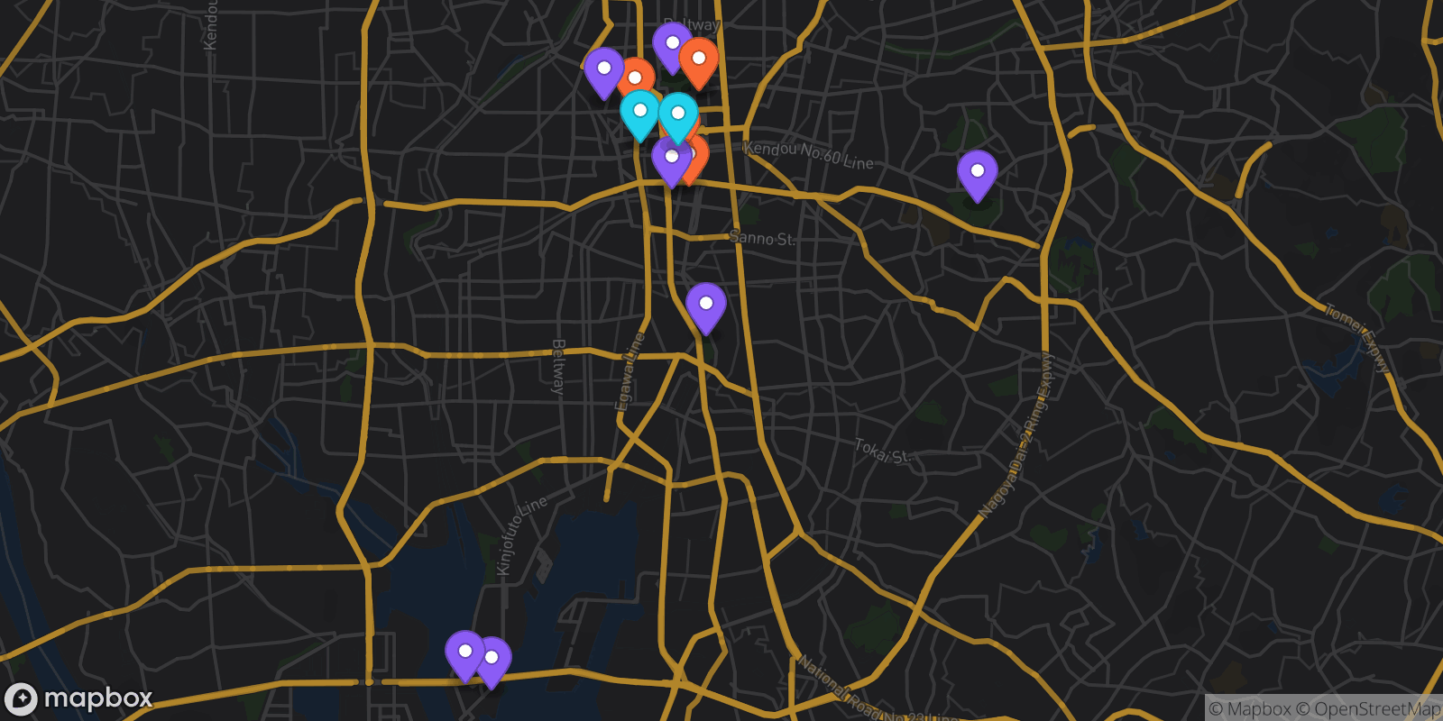 Map showing 14 locations