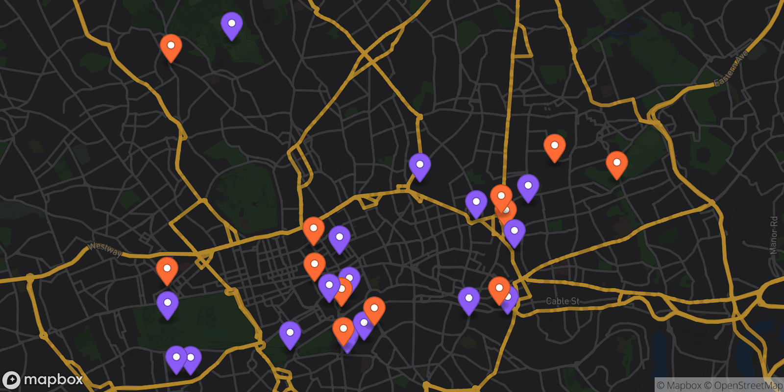 Map showing 28 locations