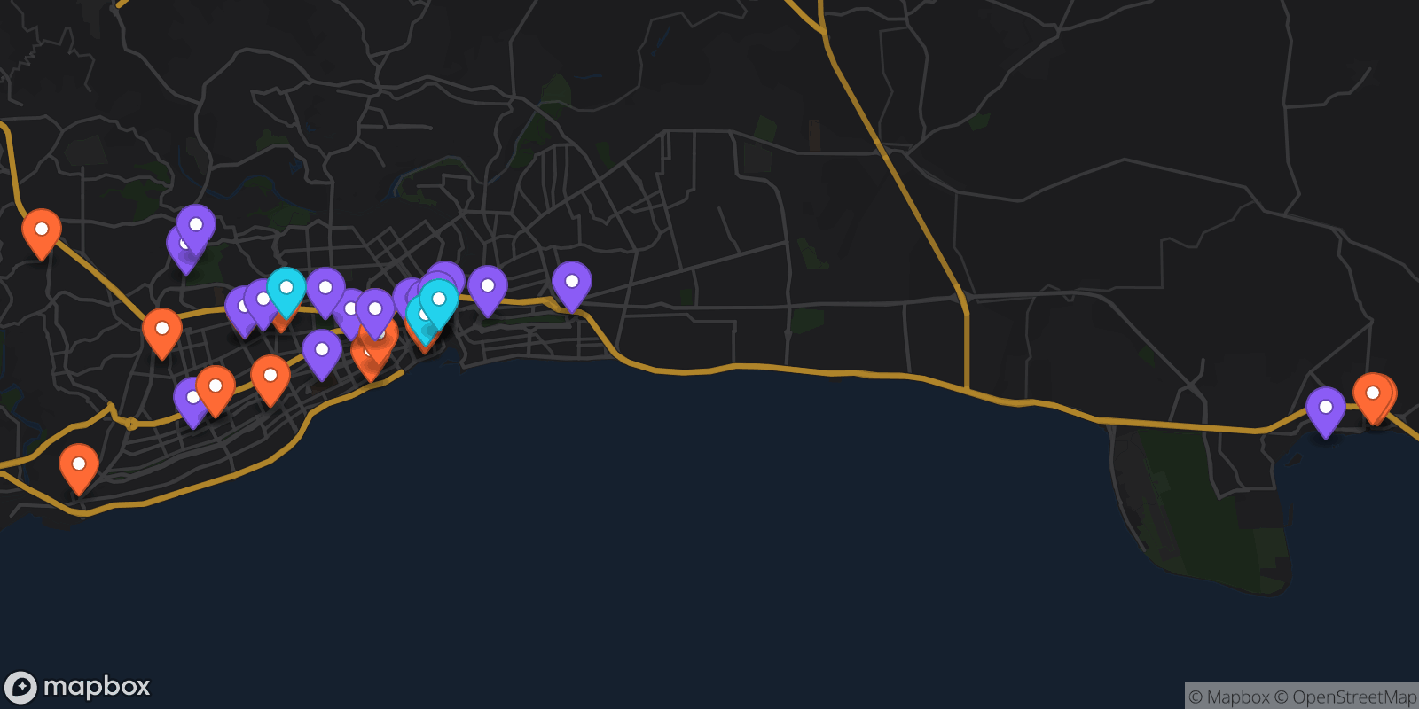 Map showing 42 locations