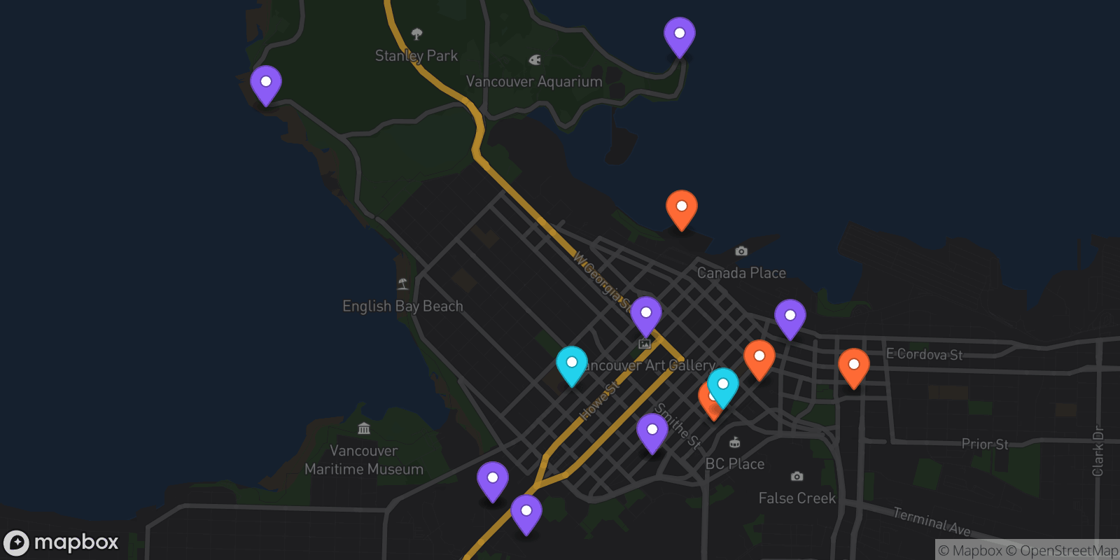 Map showing 15 locations