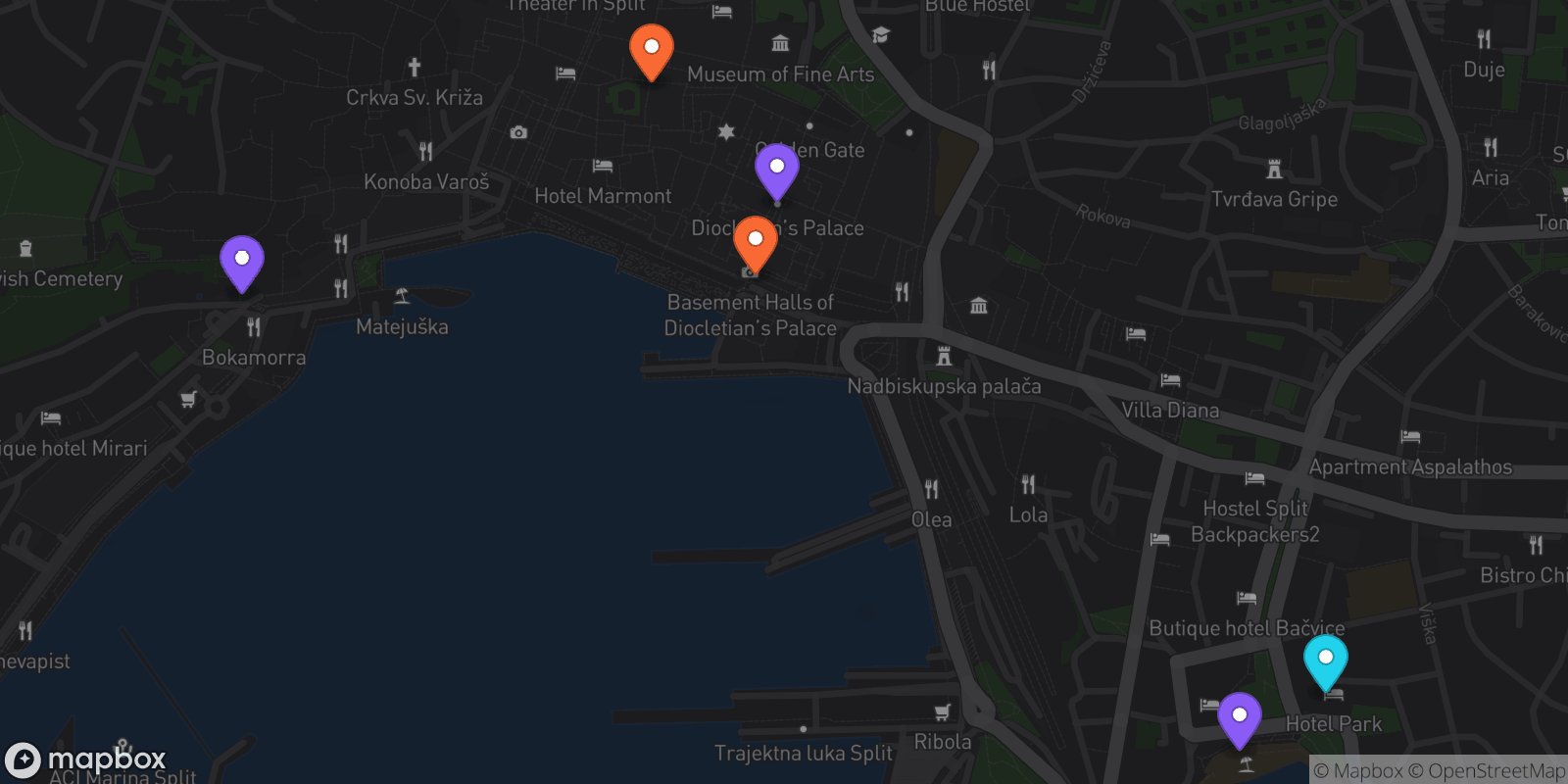 Map showing 6 locations