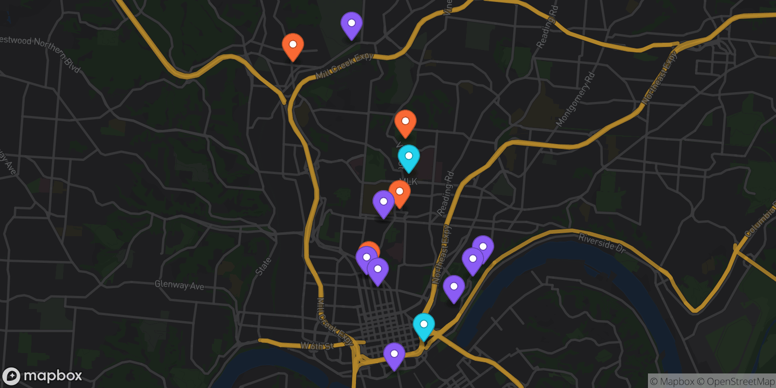 Map showing 16 locations