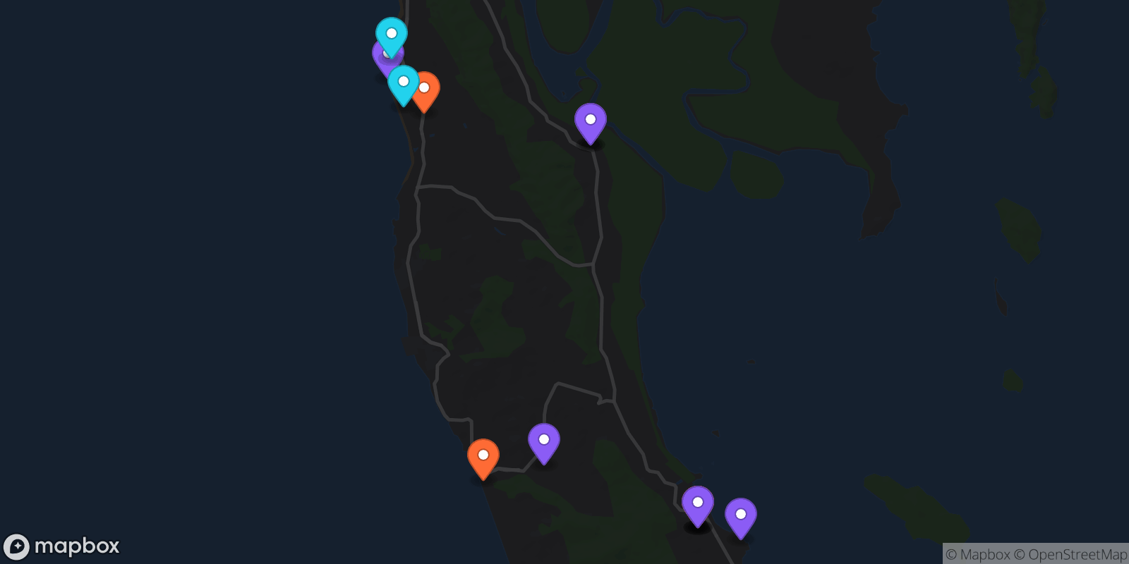 Map showing 15 locations