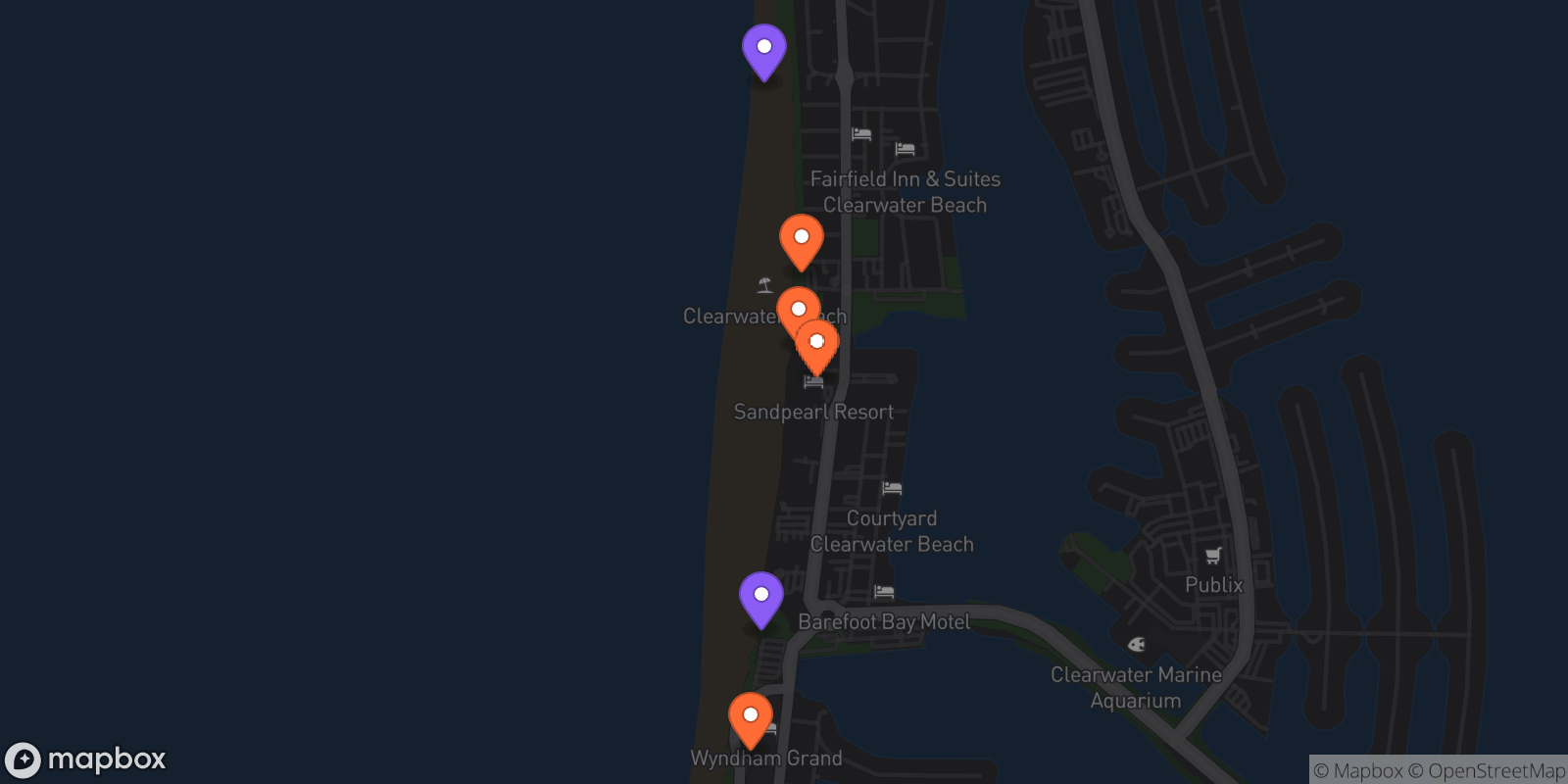 Map showing 6 locations