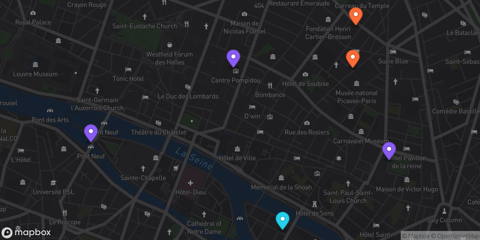 Map showing 6 locations